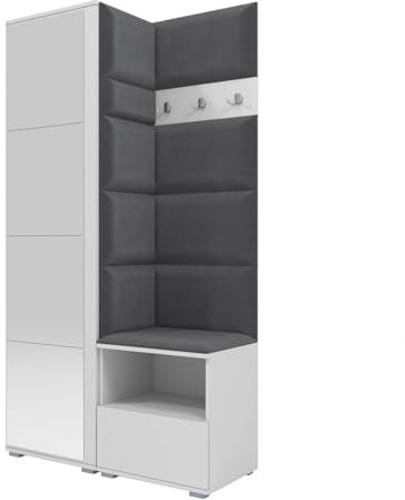 RAVIO Garderoben-Set NELA I mit Spiegel, 100cm Flurgarderobe mit Wandpaneele, Kompaktgarderobe mit Schuhschrank, Inklusive Montagekleber, Praktischer Garderobe (Weiß + Dunkelgrau (Trinity 15))