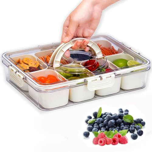 HASA zone Divided Serving Tray with Lid, 8 Removable Compartments Snack Tray with Handle, Portable Food Storage Container Divided Snack Tray for Candy, Fruit, Nut, Suitable for Party, Picnic