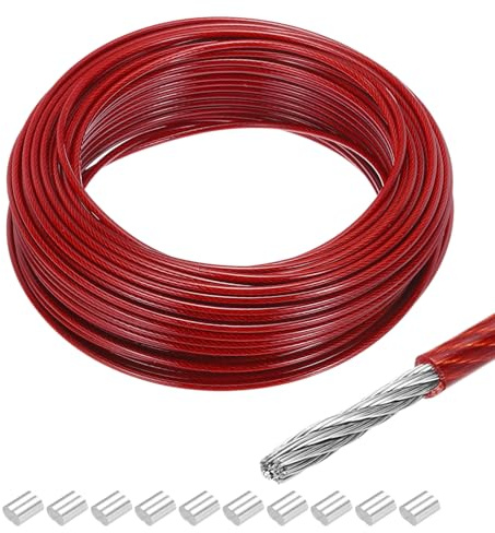 QUARKZMAN Drahtseil Edelstahl 30M x 3 mm Stahlseil PVC ummantelt mit 10 Aluminiumhülsen Sicherungsdraht Aufhänger für Bilder Vorhang Geländer Outdoor Gartenmöbel Sonnensegel, Rot