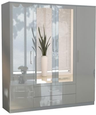 URBAN FURNISHING Modern 4-Door Wardrobe with Mirror & 2 Bottom Drawers – Glossy Finish, Bedroom Closet Armoire with Hanging Space & Storage Shelves (Grey, 160cm)