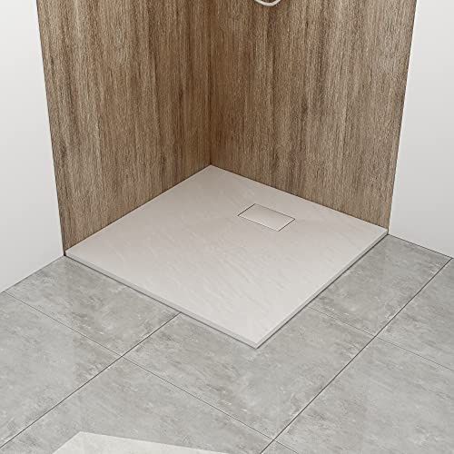 WITEN&NOCK flache SMC Duschtasse 80x80cm Steinoptik Anti-Rutsch 32mm weiß | Ø90mm DIN-Anschluss, bruchfest, zuschneidbar, Vielseitige Montage, hygienisch, einfach zu reinigen für Duschkabine Duschwand