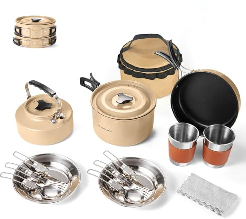 Odoland Camping Cookware Set Non-Stick Pot and Pan Set with Kettle, Stainless Steel Utensils Mess Kit, Cups Plates Knives Spoons Forks for Outdoor Cooking