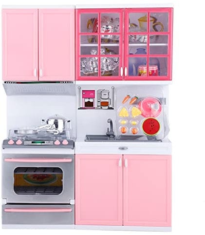 Mini Kitchen Pretend Role Play Toy Set, Gas Oven, Microwave Oven, Dish Washer Sink, Cabinets and Kitchen Tools with Sound and Light Design, and Prize for Your Children