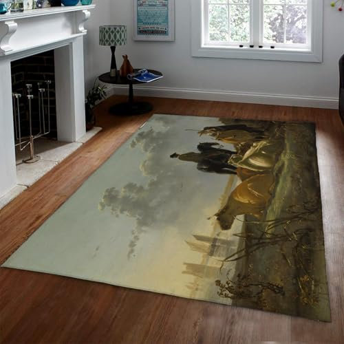 UERWOWELL Künstler Stil Bereich Teppiche Moderne Rustikale Dorflandschaft Teppiche Bauern und Vieh am Fluss Maschine Waschen Fußmatten für Haus 180x270cm