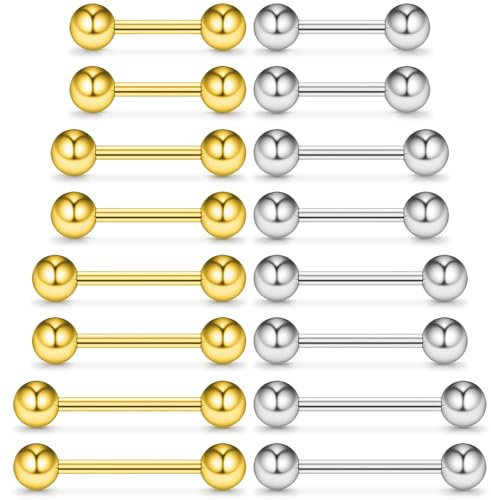 CONJURAIDE 16 Stück Zungenpiercing, Zungenpiercing Chirurgenstahl 12/14/16/18mm Stablänge Nippelpiercing Brustwarzenpiercing Gold Nipple Barbell Tongue Piercing Zunge Stab Zungenpiercing Kugeln