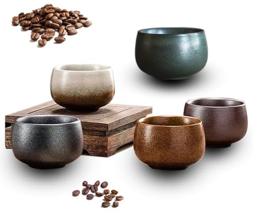 OndaCore Espressotassen Set 5x80ml, Handgefertigte Kaffeetassen aus Steingut, Keramik Teetassen ohne Henkel, spülmaschinenfest, Espressobecher, Mokkatassen