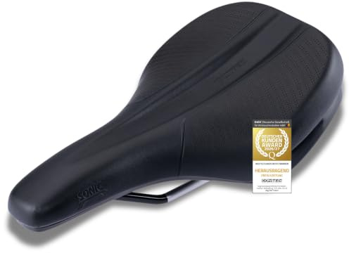 CONTEC Fahrradsattel Sonic MTB, 254x149 mm, aus Nylonfaser und PVC, Stoßdämpfend, Mountainbike Sattel, Skala und Tragegriff, Ergonomischer Fahrrad Sattel für Herren & Damen, schwarz