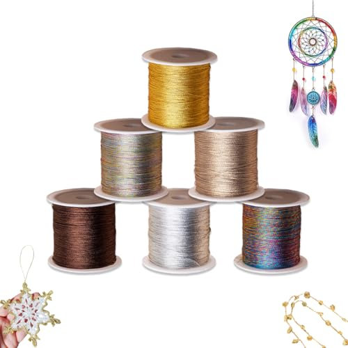 6 Rotoli di Filo per Collane Uncinetto, Filo di Seta Dorato e Argentato, Filato Gioiello per Bigiotteria Uncinetto, Cordoncino Metallizzato per Gioielli, Filo Artigianale DIY e Cordino da Imballaggio