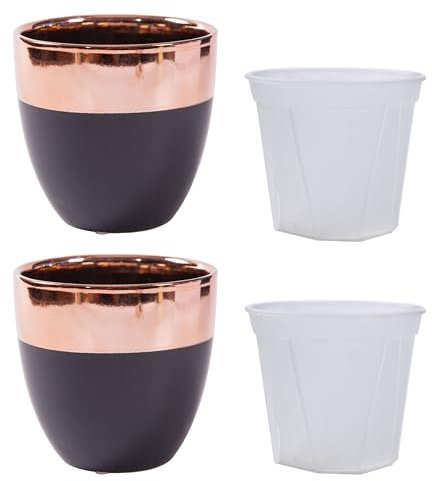Jinfa Keramik Übertopf Schwarz mit Roségold + passgenauer Pflanzeinsatz mit Abflusslöchern | Moderner Blumentopf für Zimmerpflanzen, Orchideen & Deko