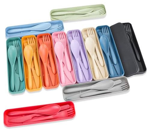 Jiayaus 12 Sets Travel Cutlery Set, Reusable Camping Cutlery with Forks Spoons Knife Case, Portable Plastic Cutlery Set for Kids Adult Lunch Travel Picnic Camping Or Daily Use