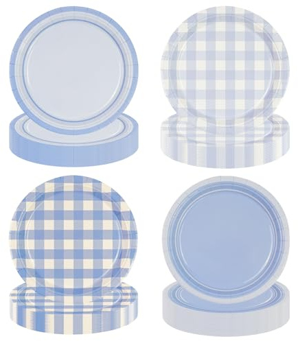 EVYIENEN 48 piezas Azules Platos de postre de papel para cumpleaños, 17,8 cm Platos desechables con patrón de cuadros para cumpleaños, baby showers, bodas, camping y fiestas temáticas, 4 diseños