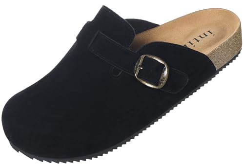 Intini Mens Womens Suede Clogs Leather Mules Cork Footed Size | Slip On Slides, Slippers, Sandals, Arch Support, Adjustable Buckle