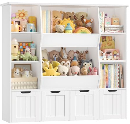 FOREHILL Montessoriana barnbibliotek med 8 öppna fack Vit | Barnleksakshylla med lådor på hjul, förvaring för gosedjur, för barnrum, lekrum 124,5 x 35 x 118 cm