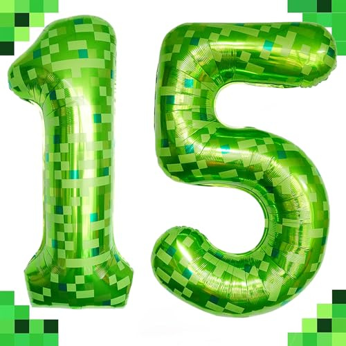 Tourima 40 Zoll Zahl 15 Luftballon Grün Pixel Design, Folienballon Zahlen Set für 15 Geburtstag Junge & Mädchen, Helium Luftballons Geburtstag Zahlen Deko, Geburtstagsdeko 15 Jahre Junge & Mädchen