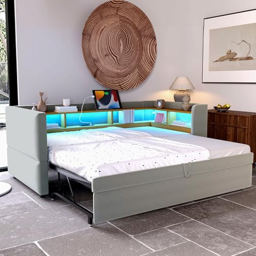Merax ausziehbares Schlafsofa 90/180x190 cm, Polsterbett mit LED-Beleuchtung, Steckdosen & USB-Anschlüssen, viel Stauraum & Ablagefächern, Stabiler Lattenrost, Hellgrau (ohne Matratze)