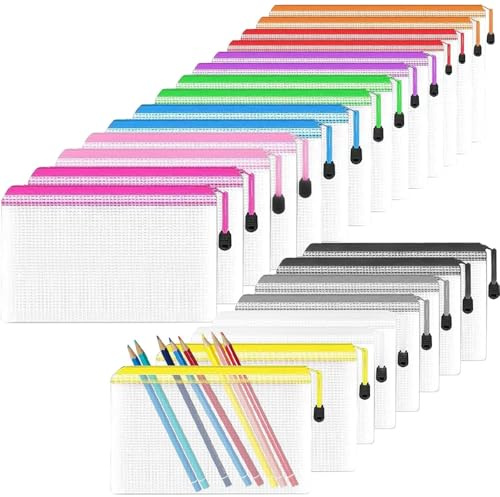 A4 Mesh Document Bag, 24 PCS Clear Pencil Case, Colourful Plastic Bags Document Folder Plastic Wallets A4 Mesh Zipper Bag Zip Lock Bags for School Home Office and Travel(12 Colours)