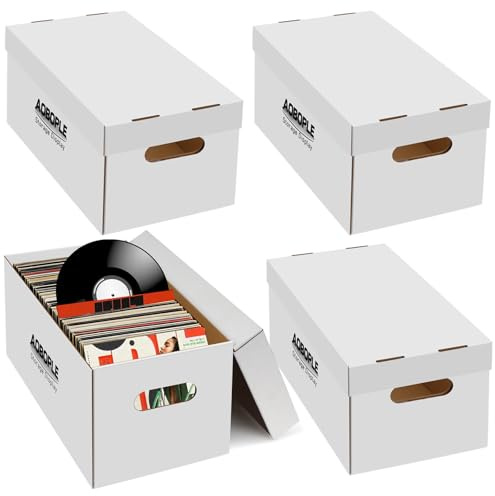 AOBOPLE 4 Pack 7-Inch Vinyl Record Storage Box,Cardboard 45 Record Storage | With Dust-Proof Lid and Built-In Handles, Holds up to 75 7/45 RPM Records Each, For Collectors,Easy Access