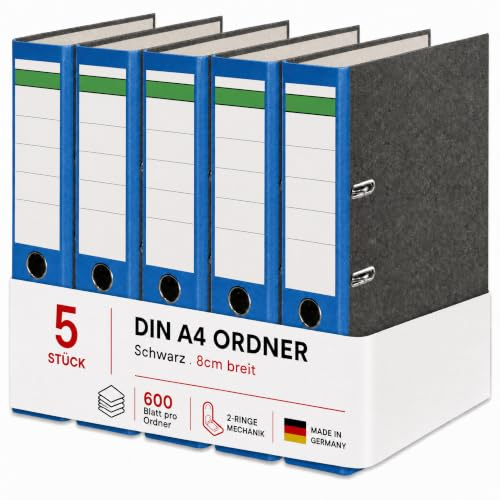Conipa Ordner A4 Breit 8 cm, 5 Stück, Farbsortiert, für bis zu 600 Blatt | Robuste Aktenordner mit 2-Ring-Hebelmechanik, Griffloch und Recyclingkarton – für Büro, Schule & Homeoffice, Made in Germany