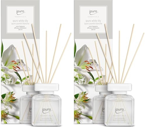 ipuro - Essentials Raumduft White Lily 200ml | Raumerfrischer mit Pfirsich, Maiglöckchen, Jasmin, Nelke, weißem Moschus & Zedernholz Duft Aroma | Diffuser mit Stäbchen | Lufterfrischer für Wohnung