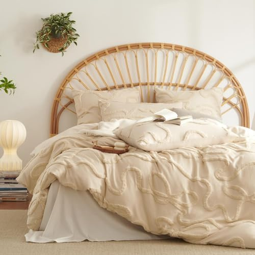 Boho Bettwäsche 135x200 Beige SchleifenGetuftet Exquisite Stickerei | ÖKO-TEX Zertifiziert,Aesthetic Bettwäsche für Allergiker,4 Jahreszeiten Set,Bettbezug 1 Kissenbezüge 80x80 mit Reißverschluss