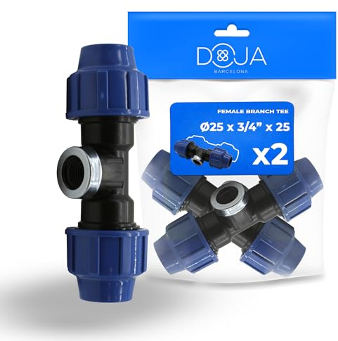 DOJA Barcelona Raccordo a T per Tubi PE Femmina per MDPE - 25x3/4x25 - Pack 2 - Tee Idraulica a Compressione per Tubo Acqua - Connettore Rapido, Robusto, Installazione Semplice e Collegamento Sicuro