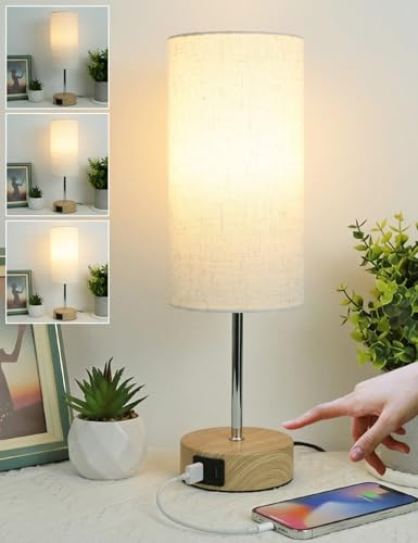 Nachttischlampe Touch Dimmbar, Tischlampe mit USB Ladefunktion Holzmaserung | MILLUXXi LED 3-Fach Dimmbar Leinen-Lampenschirm Kleine Lampe mit Kabel für Nachttisch Wohnzimmer Schlafzimmer Kinderzimmer