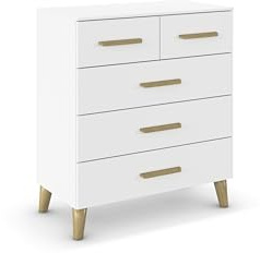Rauch Möbel ADITIO, Kommode, Farbe Weiß, Breite 80 cm | Sideboard im Skandi-Design, 5 Schubladen, Soft-Close, Massivholz Griffe und Füße, für Schlafzimmer, Wohnzimmer, Flur