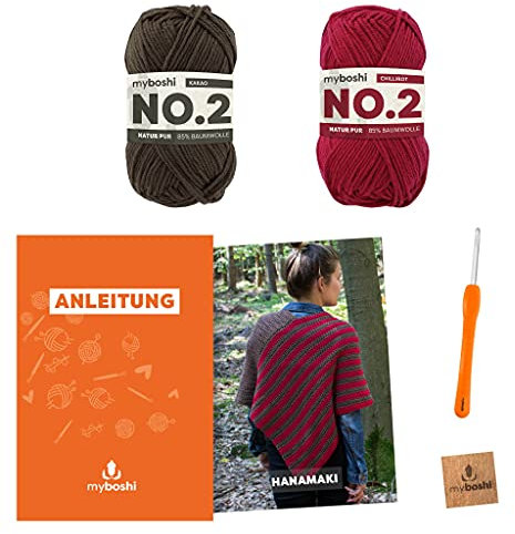 myboshi Häkelset Poncho Hanamaki, inkl. No.2 Wolle, Nadel und Anleitung, für Bekleidung, Häkelpaket, 85% Baumwolle, 15% Kapok Braun mit Häkelnadel