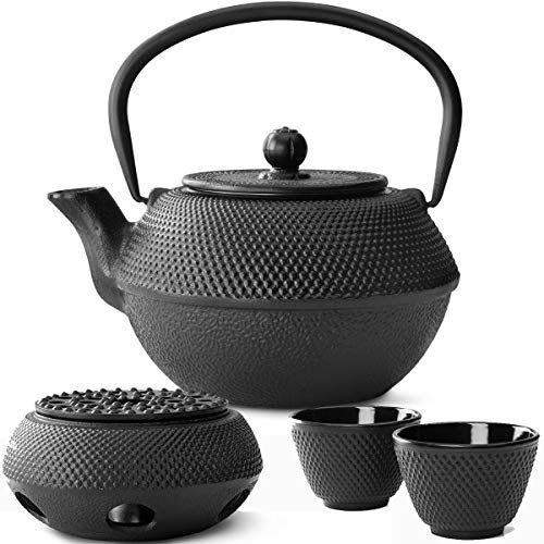 Teekanne asiatisch Gusseisen Set schwarz 1.1 Liter mit Edelstahl Tee-Filter Sieb-Einsatz für losen Teeeinsatz mit Stövchen und Teebecher (2 Tassen)
