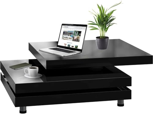 CASARIA Black High Gloss Rotating Coffee Table 3 Tier 360 Degree 76x76 cm | Modern Square Cube Side Table with Height Adjustable Feet for Living Room Lounge Bedroom Office Sofa and Contemporary Decor