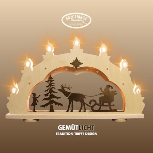 weigla - Schwibbogen original Erzgebirge I LED Lichterbogen Weihnachten I Motiv Weihnachtsmann auf Schlitten Rustikal I 7 Lampenkerzen + 1 Ersatzlampe I 7 x 34 V, 0,2 W, E10 I Weihnachtsdeko