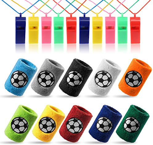 Kesote 10x Schweißband Fußball Handgelenksband (10 Farbe) + 10x Pfeife Plastik Whistle (Farbe Zufällig) für Sport Fußballgeburtstag Party