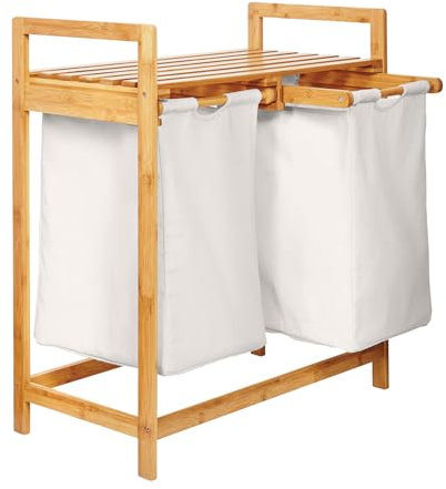 Lumaland Bamboo Laundry Basket with 2 extendable laundry bags | Size approx. 73 cm height x 64 cm width x 33 cm depth, Colour: White