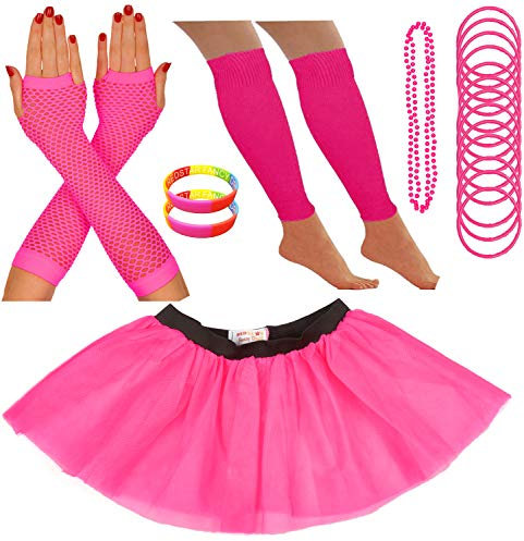 Redstar Déguisement tutu fluo avec jambières, gants, colliers, bracelets en caoutchouc et perles de poignet fluo - Rose - 36-40
