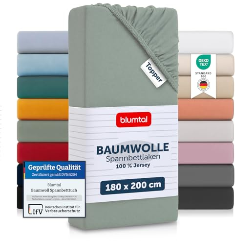 Blumtal® Basics Spannbettlaken Topper 180x200x15cm Jersey - Bettlaken aus 100% Baumwolle - Oeko-TEX zertifiziertes Spannbetttuch 180x200cm - Summer Green