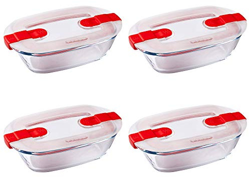 Pyrex Lot de 4 assiettes rectangulaires en verre avec couvercle ventilé Rouge 0,4 l