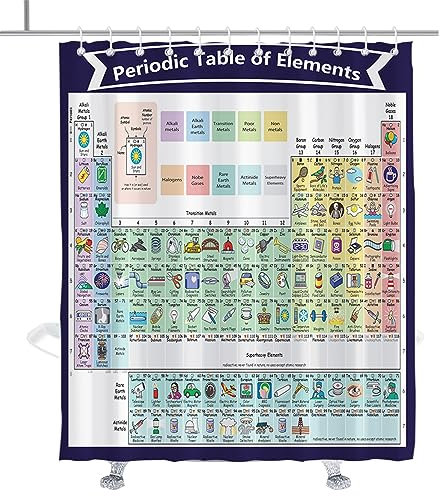 Periodic Tavolo Doccia Tenda Divertente Simbolo Chimico Tema Panno Tessuto Bagno Decor Set con Ganci Impermeabile Lavabile (60W×70L)