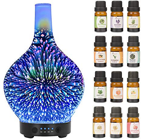 Essential Oil Diffuser 120ml Diffusers for Home 3D Glass Essential Oil Diffusers Cool Mist Aroma Diffuser, Whisper Quiet Humidifier, Waterless Auto Shut-Off for Home Office Yoga SPA