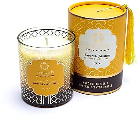 Song of India Vela perfumada Ayurveda | Aroma a jazmín tuberosa | Aceites esenciales infundidos | 55 horas de tiempo de combustión | Mantequilla de coco y cera de soja | Elegante tarro con borla | 200
