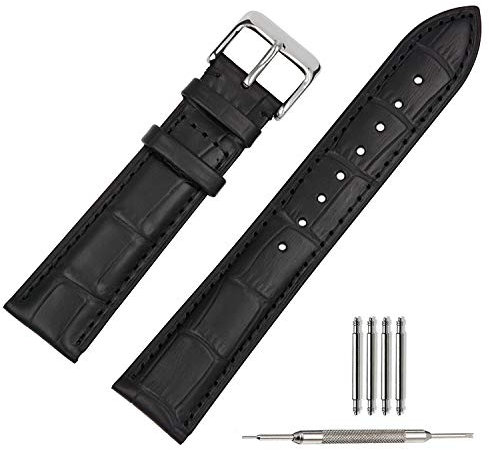 TStrap Orologi Cinturino Pelle 20mm - Cinturini in pelle di Vitello Nero per Uomo Donna – Cinturino Sportivo di Ricambio con Fibbia Acciaio Inossidabile – 14mm 16mm 18mm 19mm 21mm 22mm 23mm 24mm