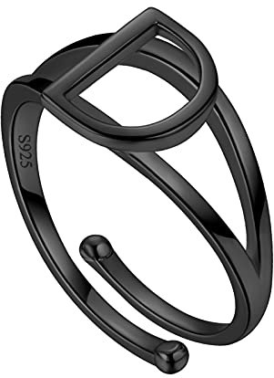 Jewmon Personalisiert Schwarz Initialen Ring für Damen Herren hochglanzpoliert Buchstaben Band Ring 925 Sterling Silber Ringe Partnerringe18k vergoldet Modeschmuck tolles Geschenk FR0015D-K