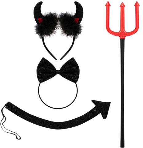Spooktacular Creations 4 Stück Halloween Teufel Kostüm Set Dämonen Kostüm mit schwarzem Teufel Horn Stirnband, Teufel Heugabel, Fliege und Schwanz für Halloween Cosplay Party Zubehör