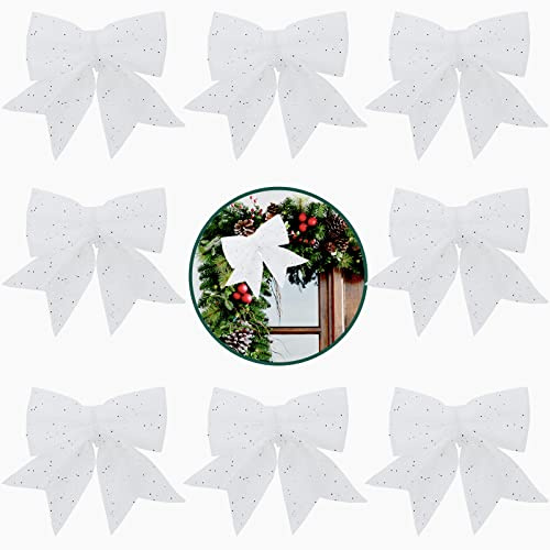 POPOYU 8 Stück glitzernde weiß Weihnachtsbaum-Dekorationen, Schleifen, 14 cm, Kränze, Weihnachtsschleifen für Dekorationen, Pailletten-Bänder, Ornamente für Weihnachtsbaum, Girlanden-Dekorationen
