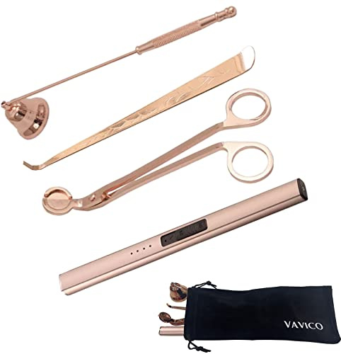 VAVICO Candle Care Kit - Electric Plasma USB Rechargeable Long Windproof Arc Lighter, Candle Snuffer, Wick Trimmer, Dipper (Rose Gold, Modern Style)