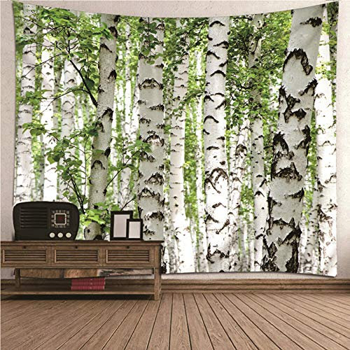 EHOMERY Wandbehang Fotodruck Wandtuch XXL Grün Weiß Birke Wandteppich Quadratisch Esszimmer Wanddekoration Wandbehang Wandschmuck Groß Schlafzimmer Wohnzimmer 150X130Cm