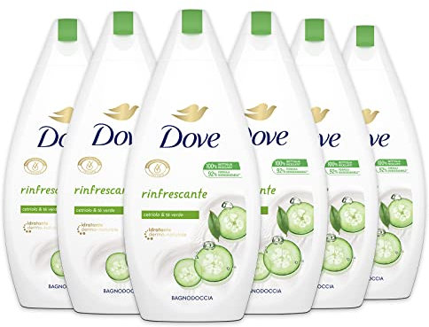 Dove, Bagnodoccia Rinfrescante, con Idratante Dermo-Naturale, Cetriolo e Tè Verde, Rinfresca e Ri-energizza la Pelle, Dermatologicamente Testato, 92% Biodegradabile, 6 Pezzi da 450 ml