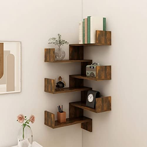 Tidyard 2 STK. Wand Eckregal Hängeregal Schweberegal Wandregal Dekoregal Bücherregal Schwimmendes Wandmontiertes Display Organizer Regal Räuchereiche 40x40x50 cm Holzwerkstoff