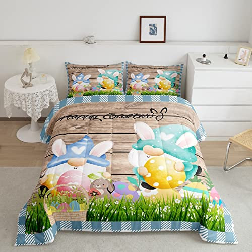 Happy Easter Tröster-Set, Queen-Size-Größe, niedliches Kaninchen-Zwerge, Bettwäsche-Set, 3-teilig, für Kinder, Mädchen, Jungen, Schlafzimmer, blaues Gitter, Aquarell-Steppdecken-Set, rustikales