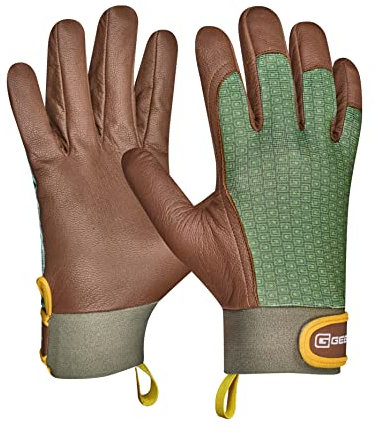 Gebol Vitis | 1 Paar | Größe M (Gr 8) | Gartenhandschuh aus Echtleder und Recycling-Material | Klettverschluss für sicheren Halt | für Damen/Herren | grün, braun