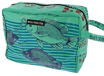 MoreThanHip Yindee Kulturtasche zum Aufhängen - Fisch Grün - Kulturbeutel Damen und Herren aus Recycelten Zementsäcke Kosmetiktasche Make Up Tasche Organizer Reisetasche - 27 x 19 x 11 cm